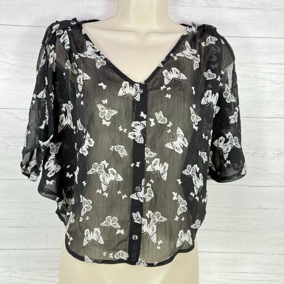 VTG Candie's Y2k xs women black sheer butterfly blouse whimsygoth fairy grunge - Picture 1 of 8